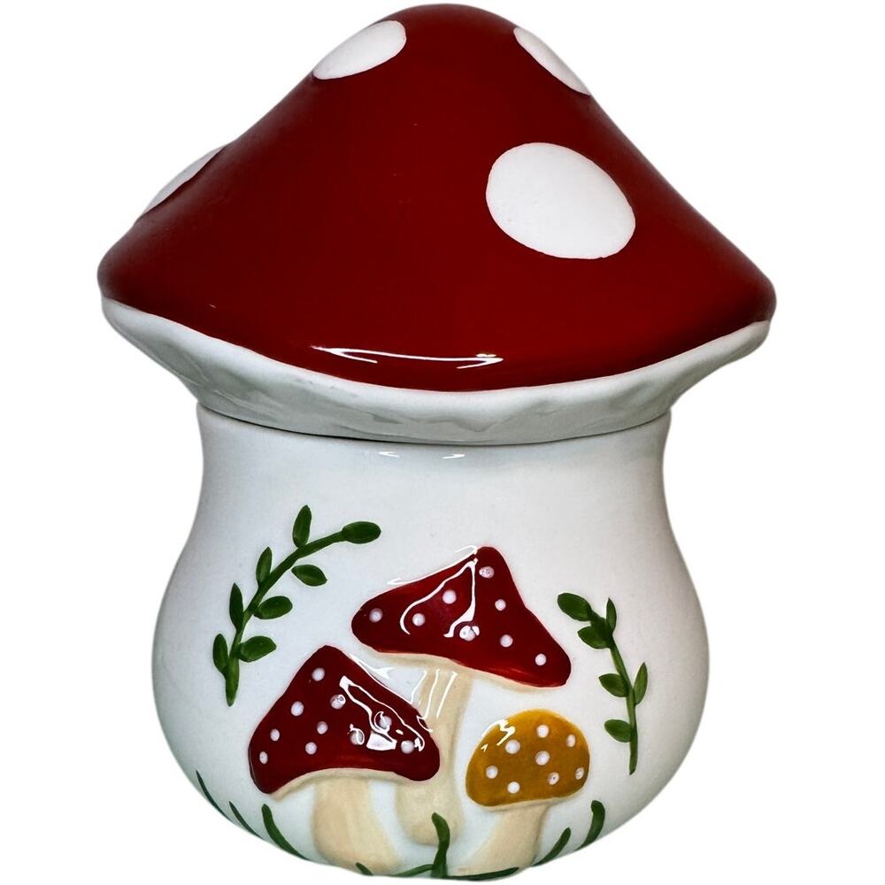 Potter's Studio Fairytale Red Mushroom Ceramic Canister 6.25" Cottagecore Jar